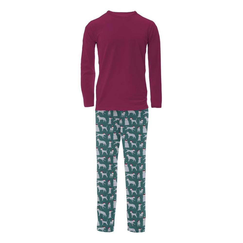 NEW KICKEE men's long sleeve pajama set in cedar santa dogs